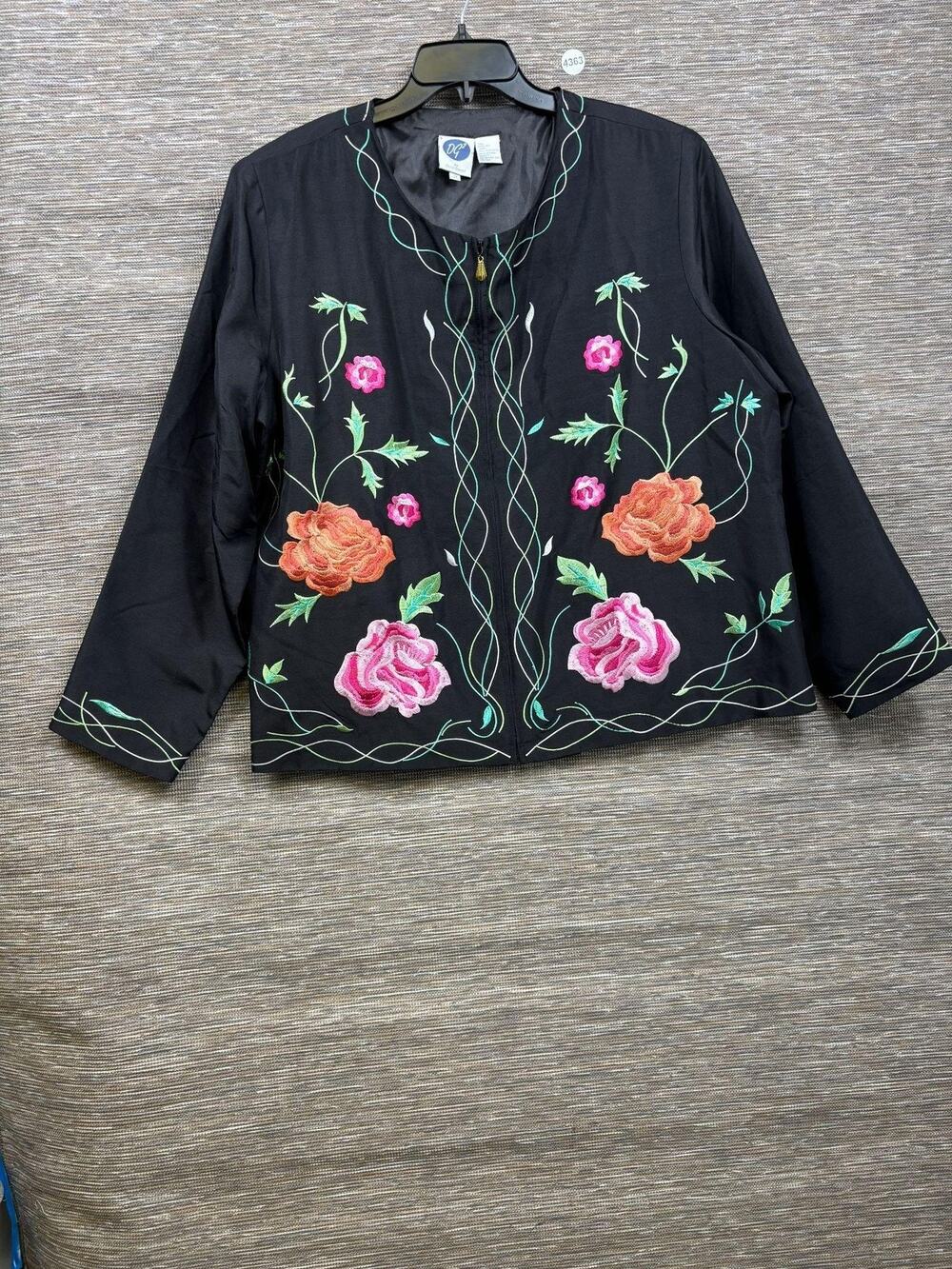 DG2 By Diane Gilman Jacket Womens 2X Black Silk Floral Embroidered Zip Lined